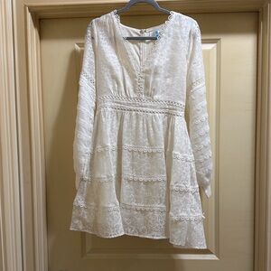 Champagne & Strawberry long sleeved white Lace Tiered Mini Dress